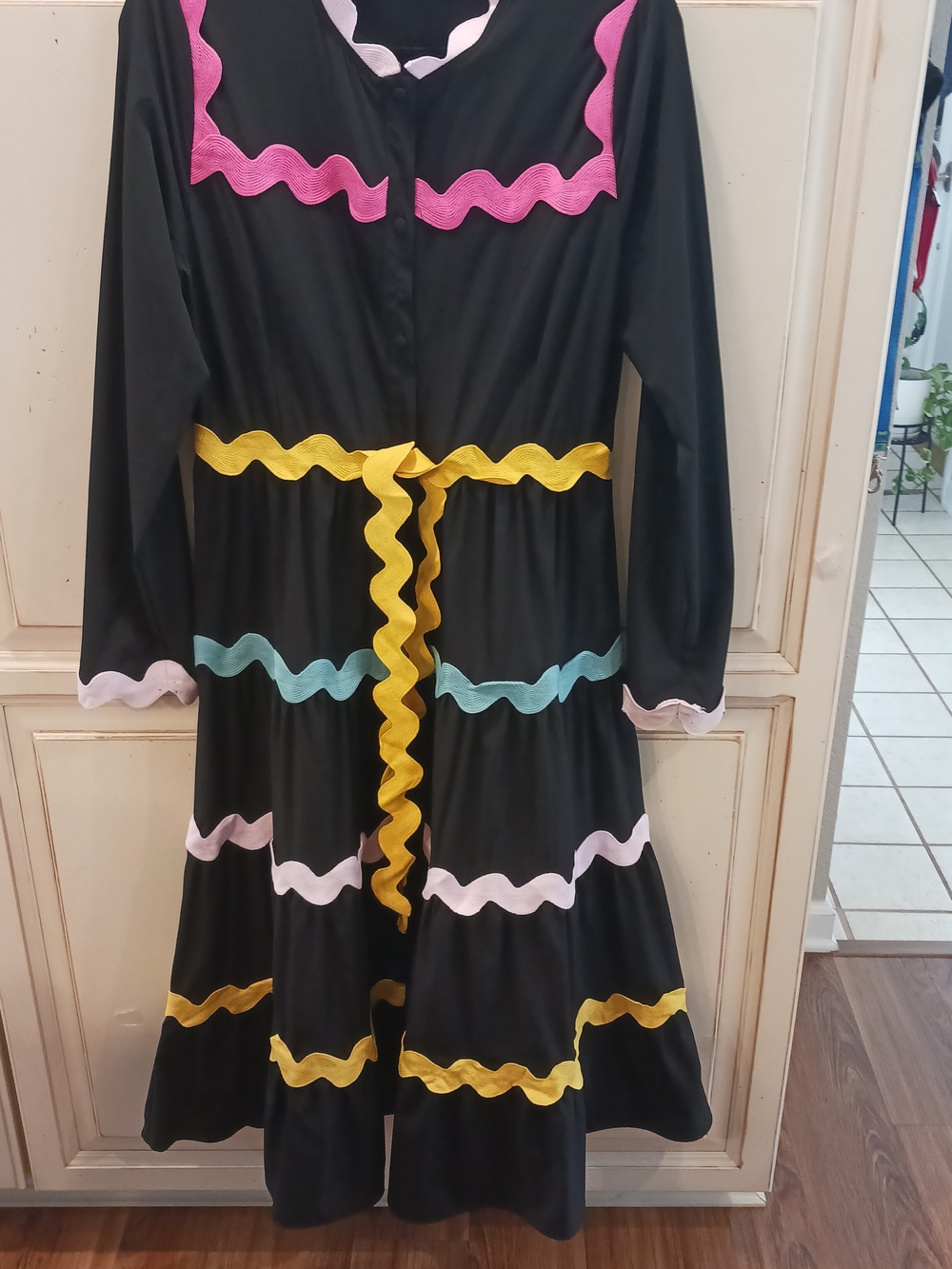 TCEC Black Woman Dress with Pink, Yellow, Blue, Cream Trim, New Without Tag
